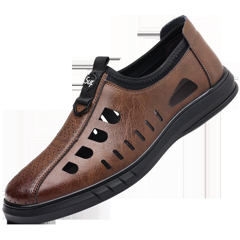 2025 Summer New Men's Daily Casual Leather Shoes Men's Hollow Breathable Leather Sandals Soft Leather Soft-soled Shoes 701