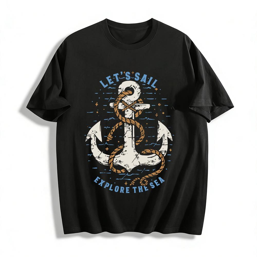 Let s Sail Explore The Sea Anchor Print Casual Short Sleeve T-Shirt Pure cotton T-shirt XXS