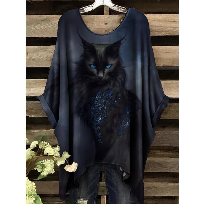 Plus Size Women's Casual Dolman Sleeve T-Shirt - Dark Night Cat Shadow Print, Loose Round Neck, Machine Washable Comfort Top for All Seasons