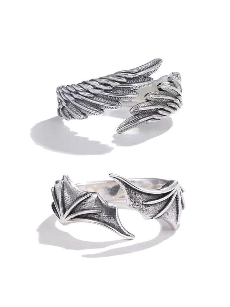 Huitan 2pcs/pack Vintage Angel Wing Demon Eye Hip Hop Adjustable Couples Rings for Men Women Retro Silver Color Jewelry