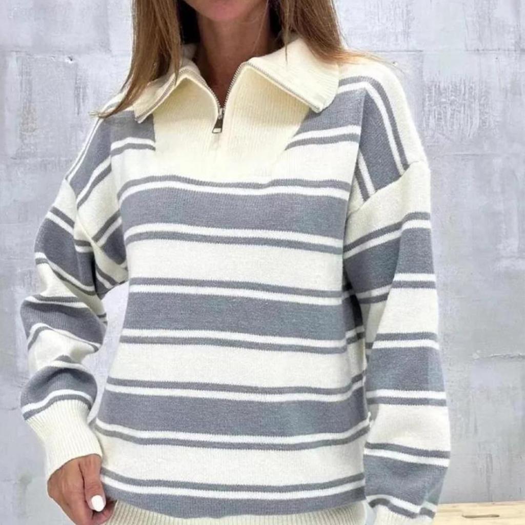 Ladies' Fashionable And Comfortable Half Zip Lapel Contrasting Loose Striped Knitted Top