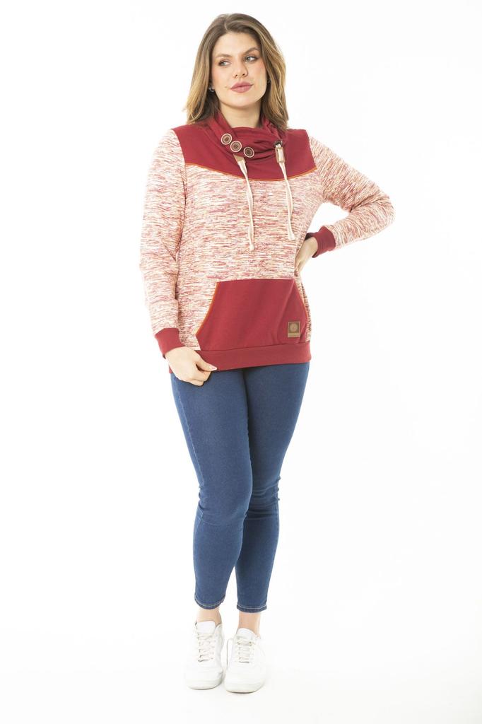 Women's Style Big Size Sweatshirt Large Size Eyelet Lace And Ornamental Button Detailed Kangaroo Pocket High Collar Sweatshirt