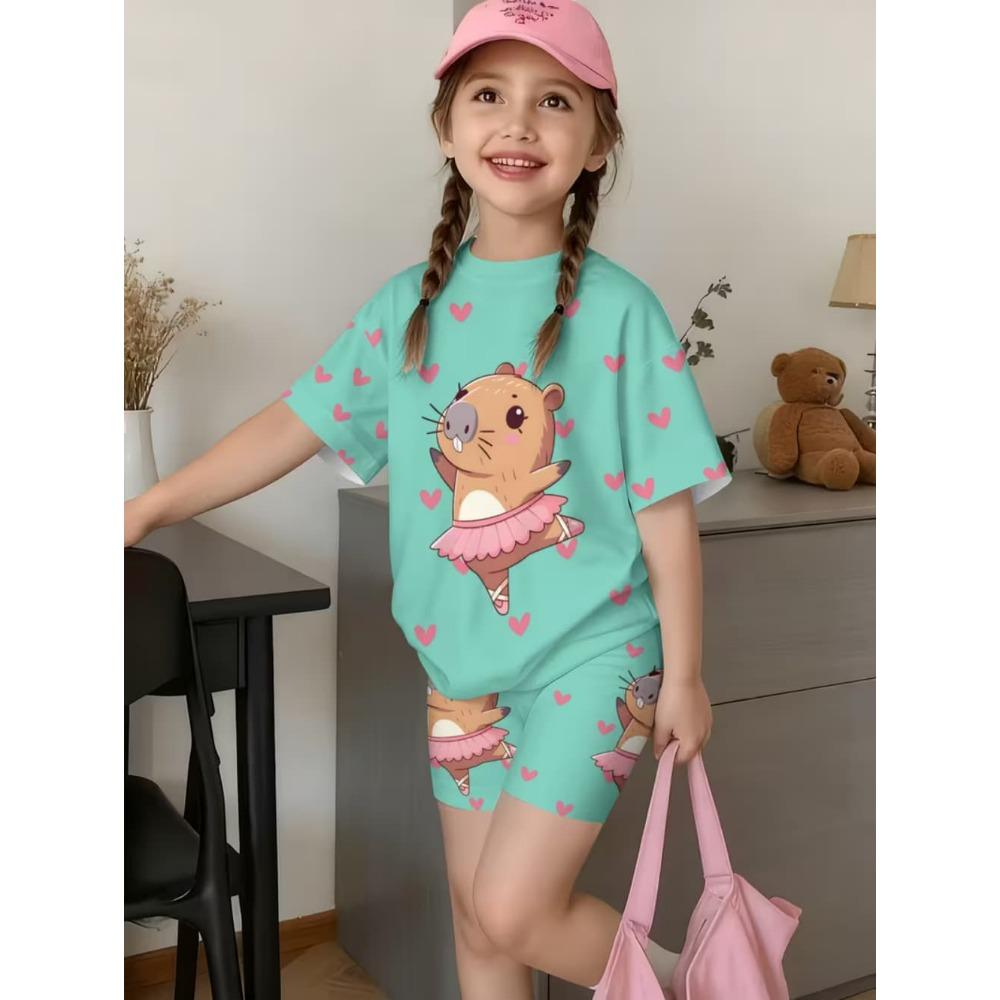 Conjunto de Camiseta Gráfica Divertida de Capibara para Niños de Verano Cuello Redondo Mangas Cortas Pantalones Cortos con Cintura Elástica Conjunto de 2 Piezas Ropa Casual para Niñas