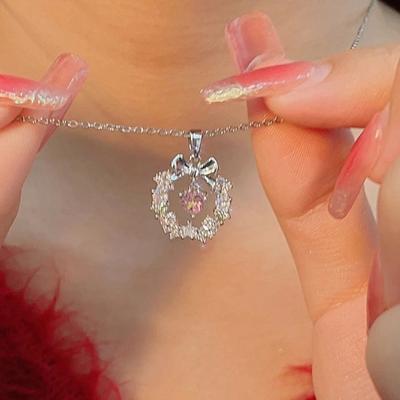 Punk Pink Love Heart Bow  Necklaces For Women Goth Vintage  Light Luxury Charm Choker Flower Necklace Jewelry