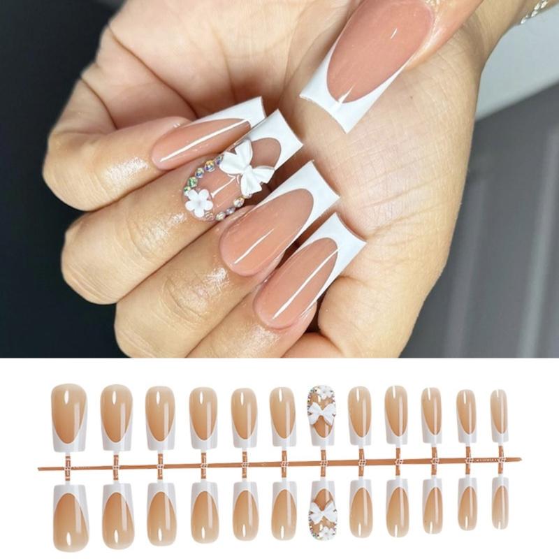 24Pcs Press on Nails Long False Nails White Bows French False Nails Stick on Nail For Parties Weddings And Daily Wear