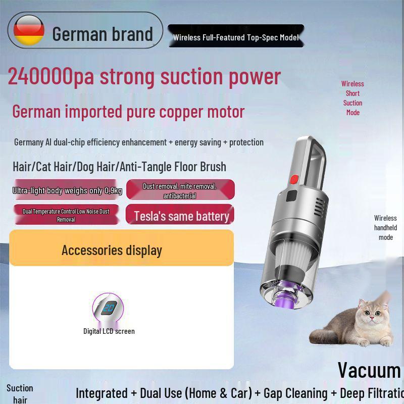 Ultra-Quiet German Wireless Vacuum Cleaner: High Suction Handheld for Home & Car, Anti-Mite, Pet-Friendly, All-in-One Suction & Mopping Machine German Pure Copper Motor - Suction + Gap Cleaning
