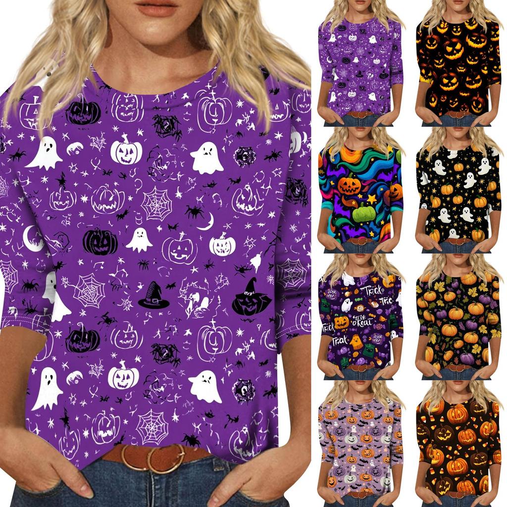 Women Casual 3/4 Sleeve Halloween Print Pullover Top Round Neck Lightweight Soft Fabric Comfortable Fit