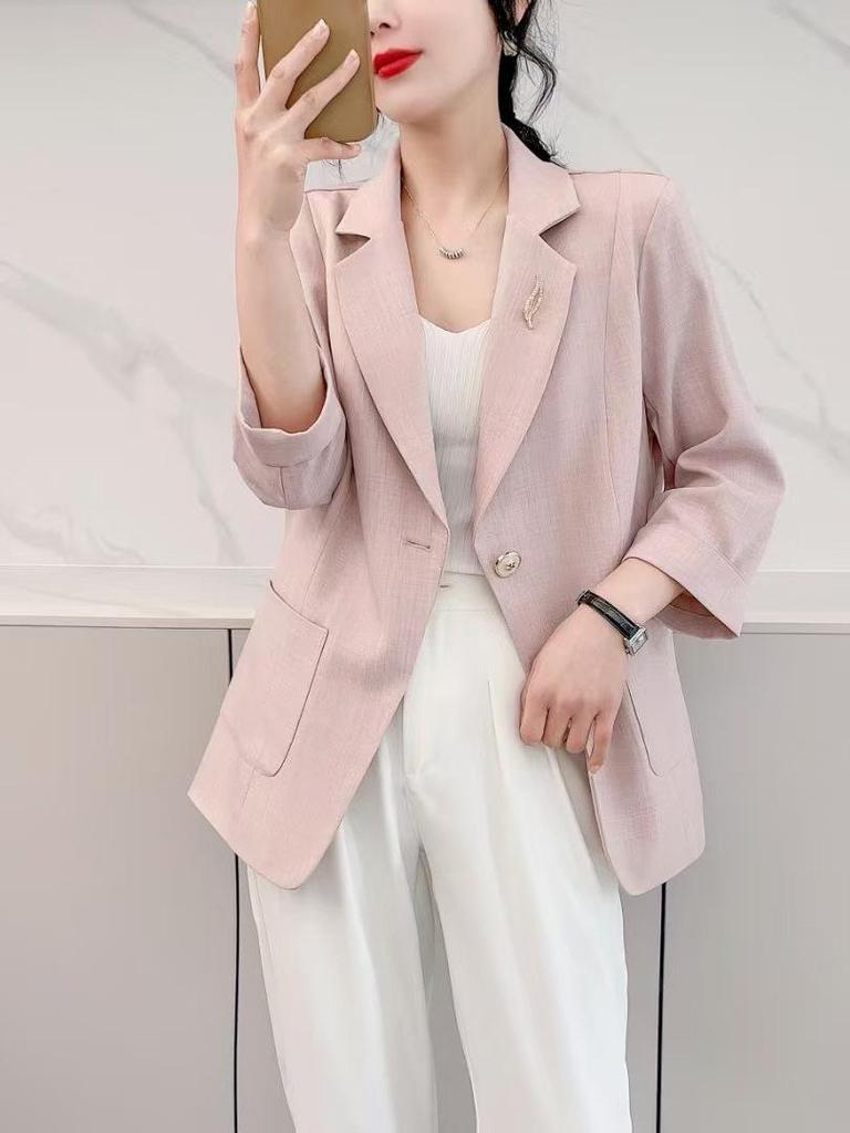 2025 Damen Pink Casual Blazer - Sommer Dünn, High-End, Kleine Größe, Siebenärmlig