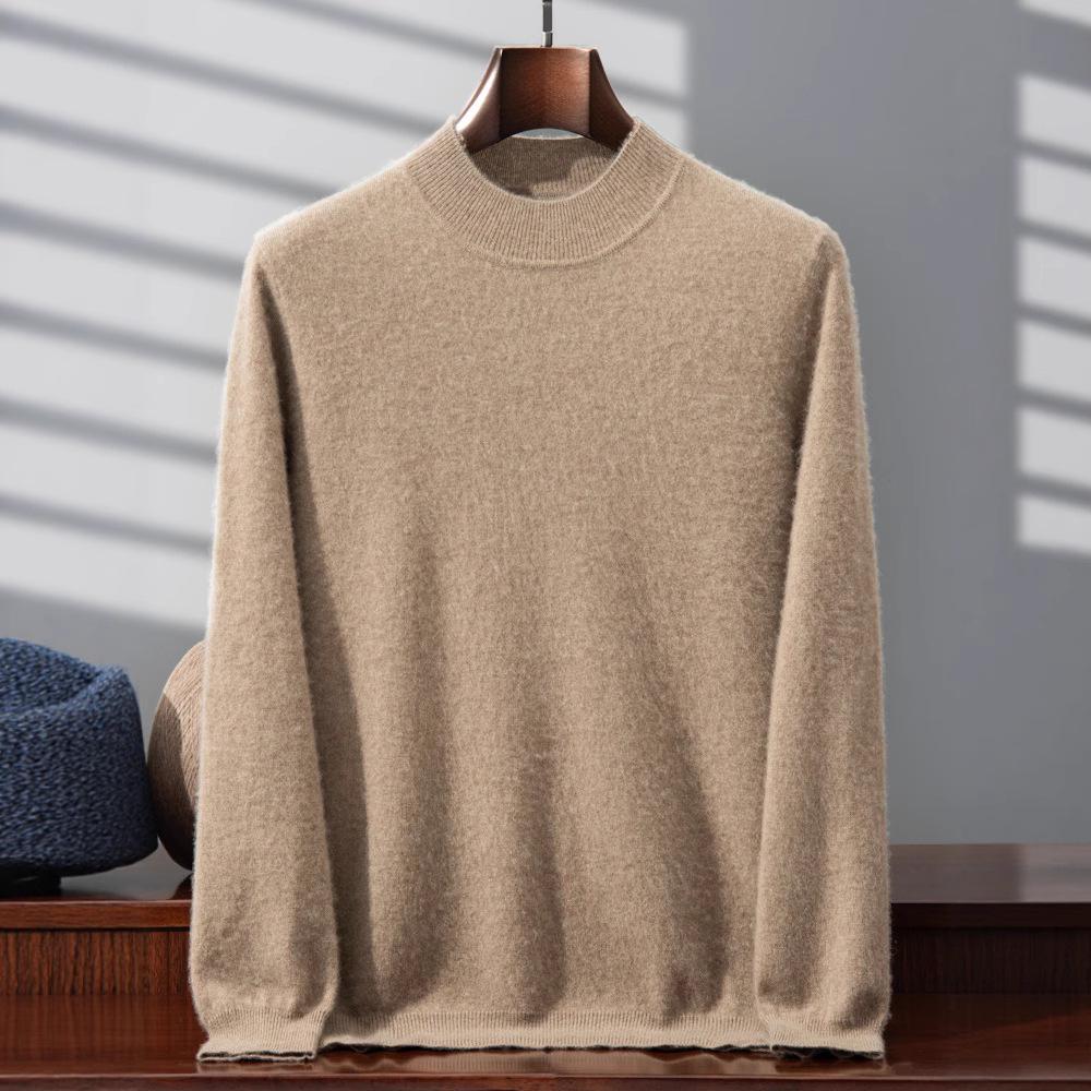 Men's 100% Pure Cashmere Double-Layer Sweater, Semi-High Neck, 2025 Autumn/Winter Thick Knit Base Layer