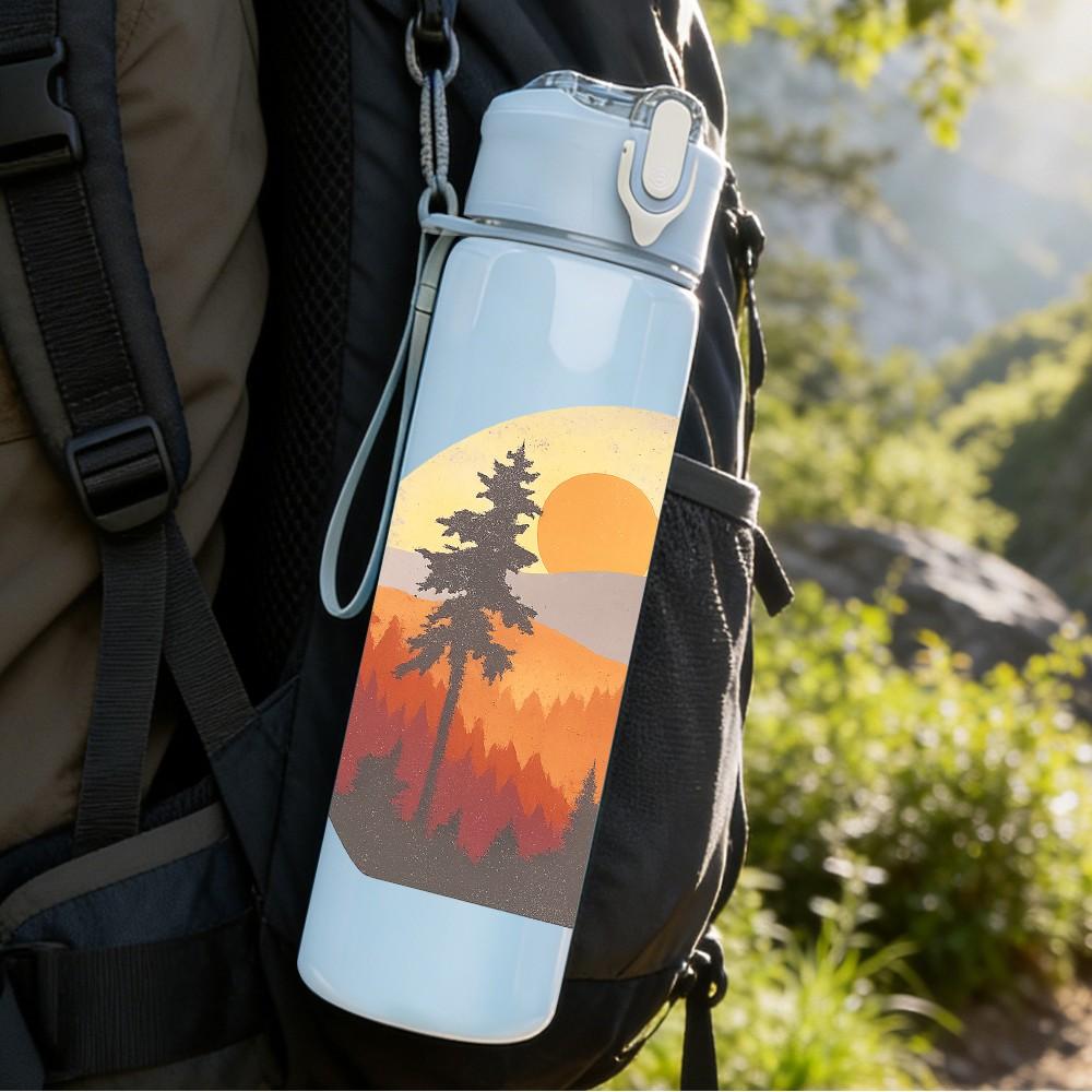 1PC Mountain Sunset Landscape Print 750ml Color Plastic Sports Water Bottle Leakproof Flip Straw Lid Suitable for Sports Office Home Use