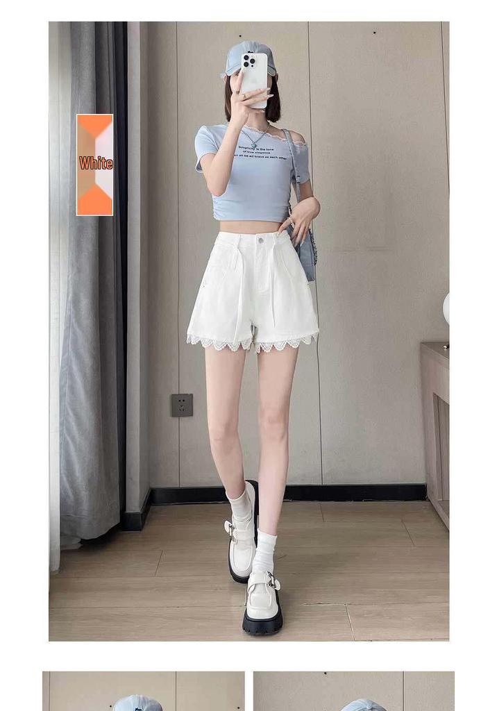 Women's High-Waisted A-line Denim Shorts with Lace Trim