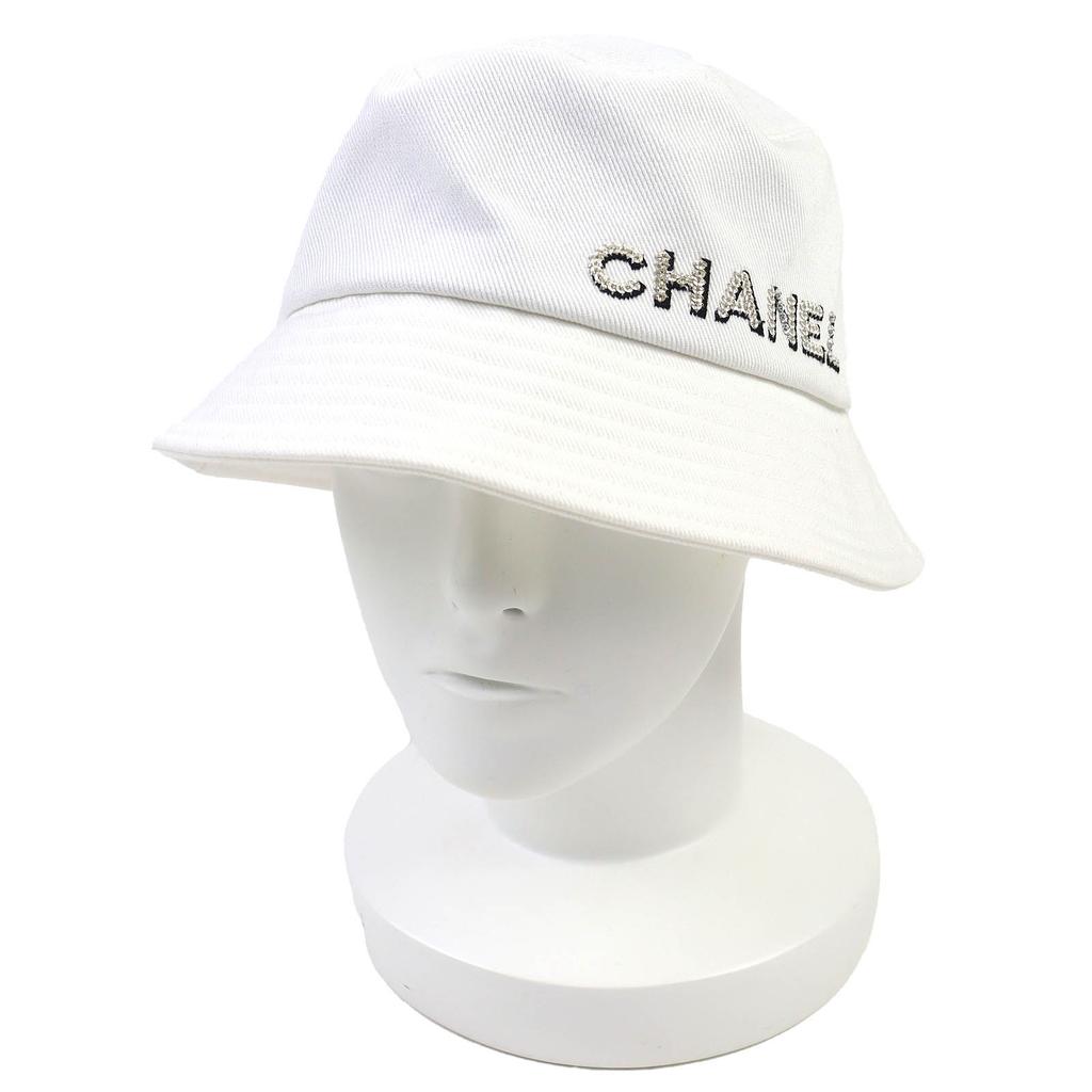 Pristine CHANEL hat Logo Rhinestone Bucket Hat white cotton Women L 22P Used