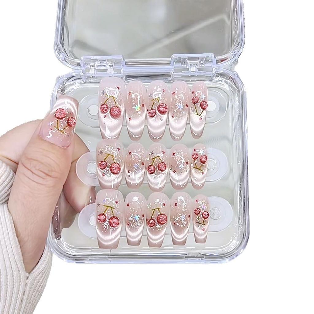 Hand-woven Armored Cat Eye Cherry Three-dimensional Hand-painted Big Cherry French Cat Eye High-end Manicure Sticker