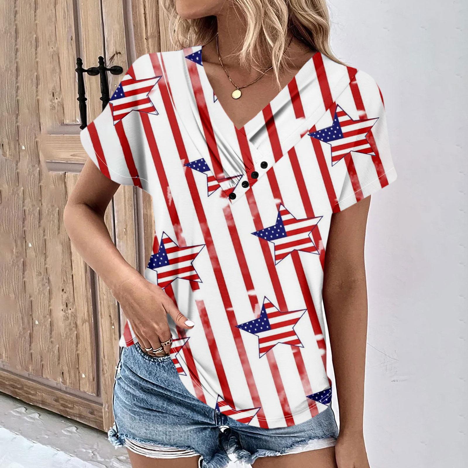 

Летние топы для женщин с принтом ко Дню независимости для женщин, удобные женские топы с v-образным вырезом и короткими рукавами, футболки большого размера XL белый