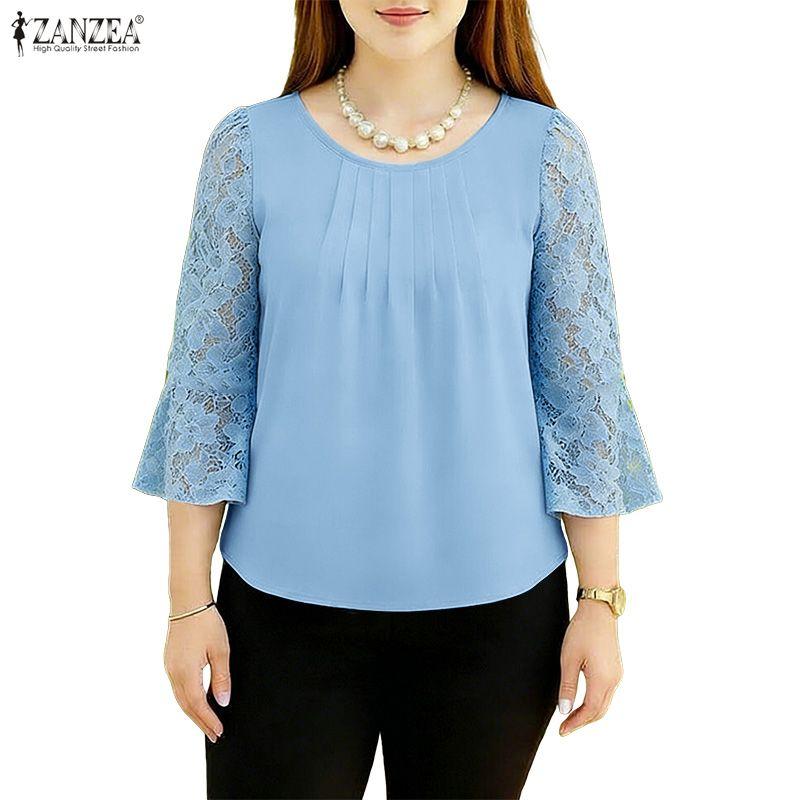 ZANZEA Women Casual Round Neck Loose Lace Splice 3/4 Sleeve Blouse