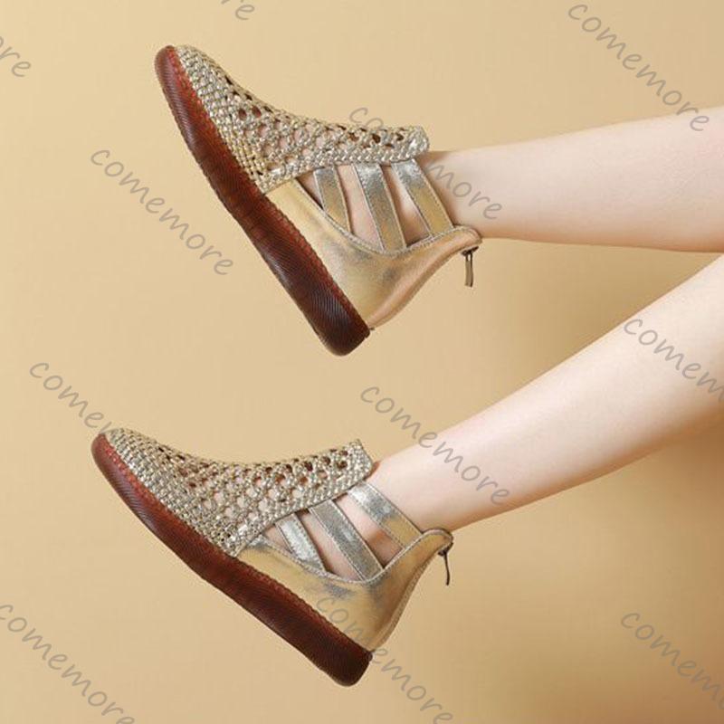 Comemore Round Toe Thick Sole Sneakers Sandals Women Summer 2025 Hollow Out Casual Roman Style Sandales Back Zip Vulcanize Shoes