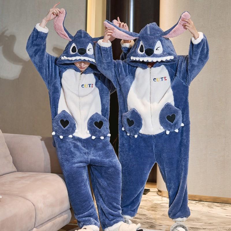 Couples Flannel Dinosaur Onesie Winter Warm Hooded Sleepwear Men Women
