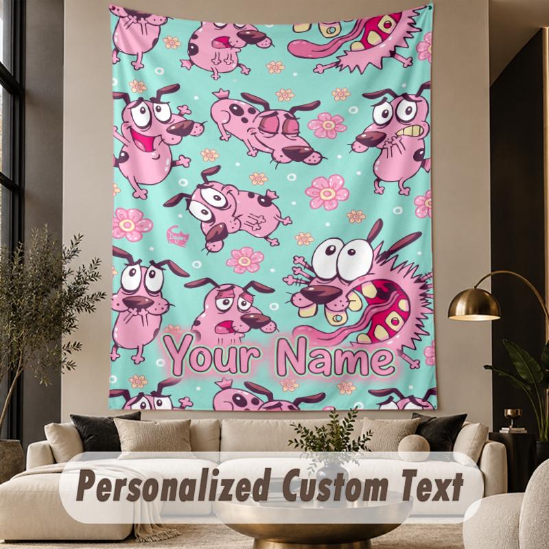 Custom Text Printed Tapestry Courage the Cowardly Dog Pattern Large Wall Hanging Indoor Room Decor