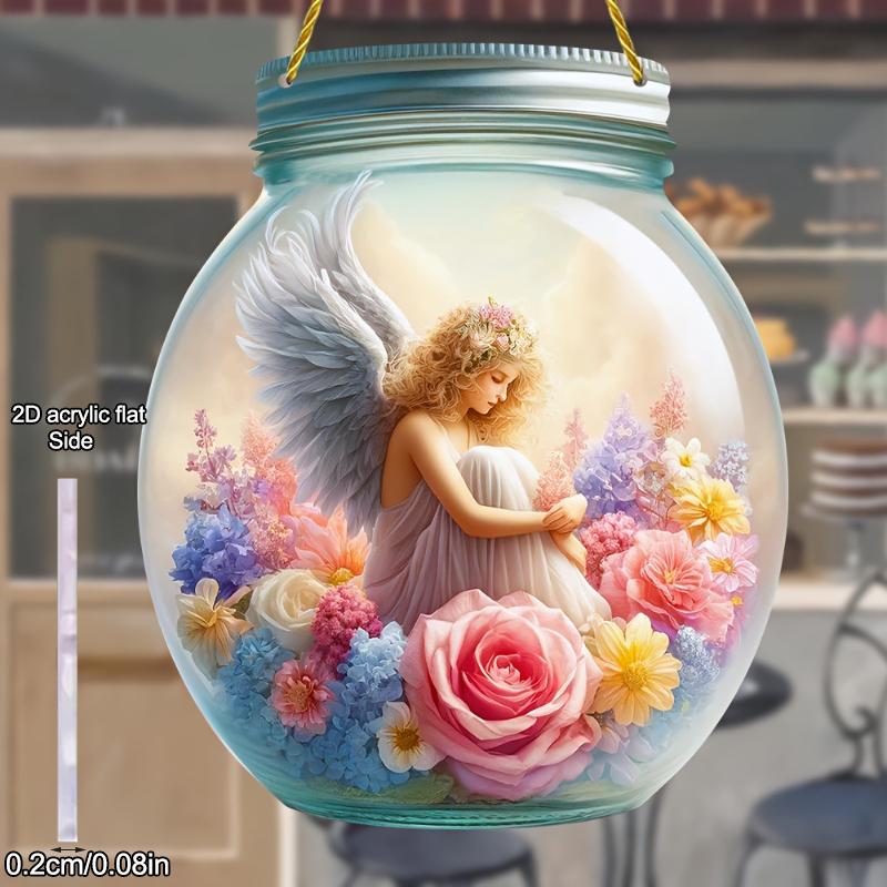 1pcs Popular Flower Fairy Angel Wall Art Hanging Home Decoration Plaque Garden Mason Jar, Colored Glass Style Sunshine Catcher, Acrylic Sign