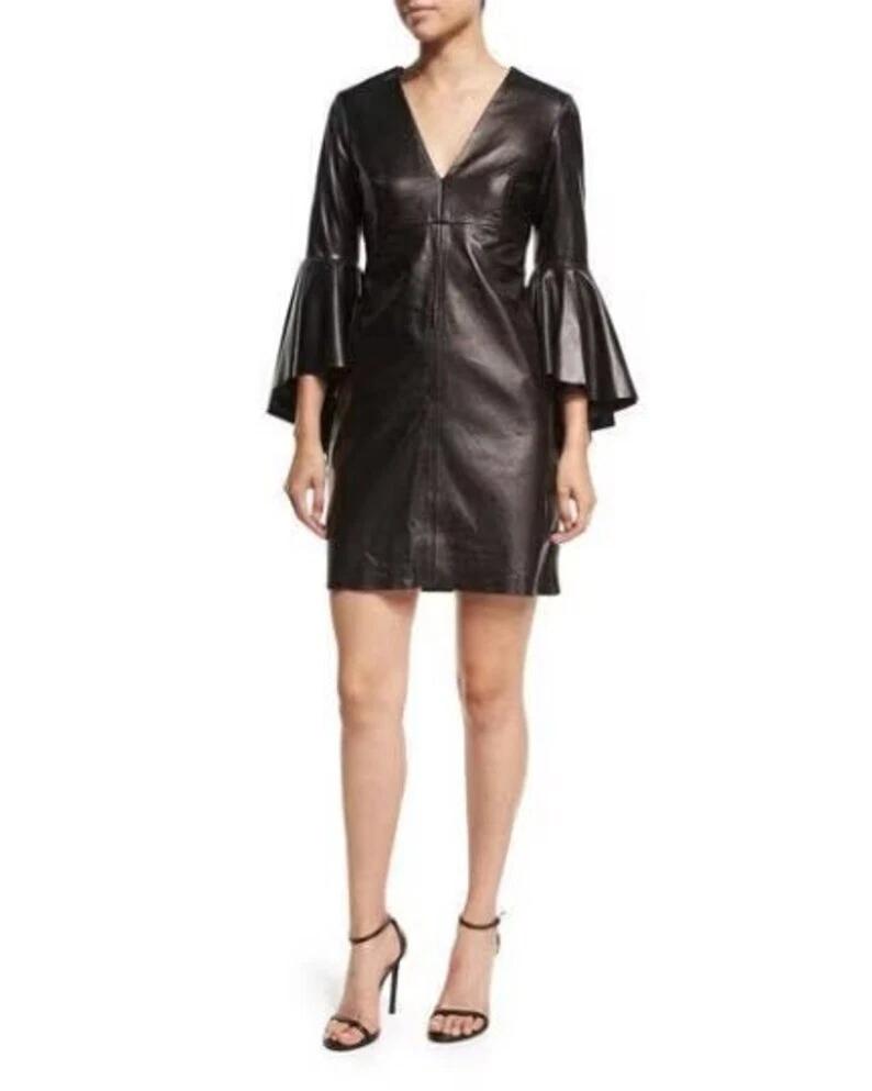 Sleeves Handmade Casual Party Black Women's Real Lambskin Leather Dress Stylish