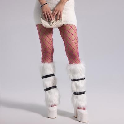 Y2K Fuzzy Faux Furs Leg Warmers Furs Heels Long Boots Cuffs Cover Carnivals Boot Cover with Wide Mesh Fishnet Stockings