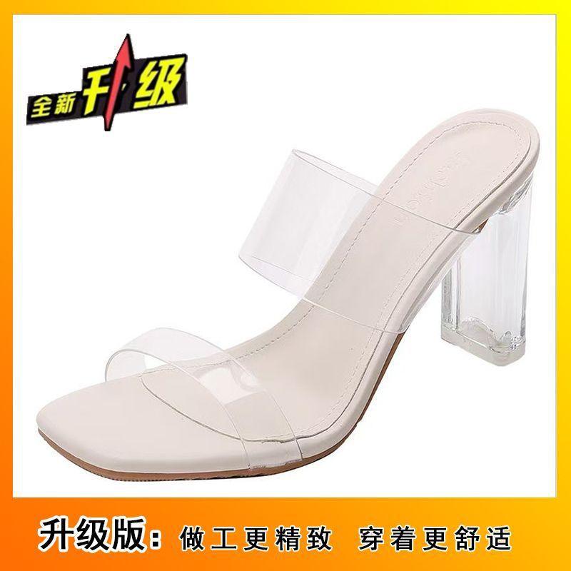 2025 new open-toed transparent word with waterproof table slippers women's simple crystal thick heels high heels sandals