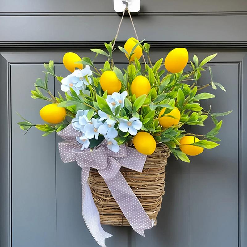Basket Wreath Spring Porch Wreath for Outdoor Decorative Wreath Ornament Lemon Flower Basket Wreath Artificial for Home Wedding