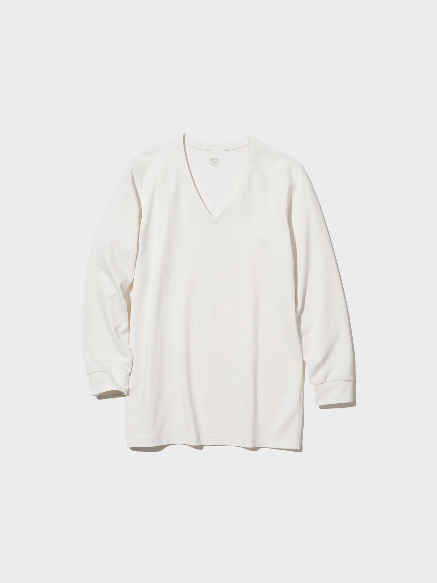 Uniqlo Япония Ультра Теплый HeaTTech Хлопок V-образный вырез Футболка 9-минутный рукав 01 OFF WHITE/4XL white