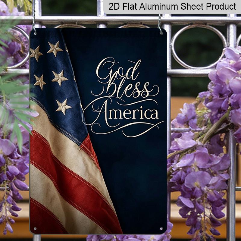 2D Flat "God Bless America" Patriotic Metal Sign, 8×12 Inch Aluminum Wall Art, Vintage American Flag Design, Durable Decor for Memorial Day
