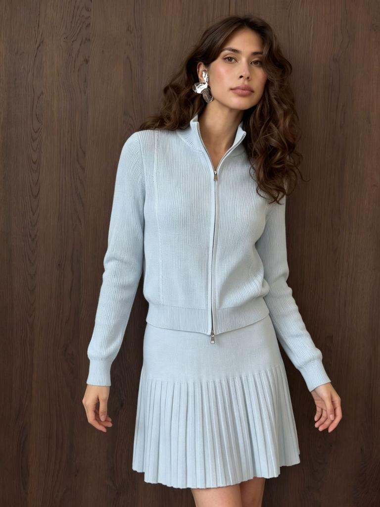 2026 New Women's Knit Two-Piece Set Zip-Up Cardigan Sweater & Pleated Skirt Casual chic Outfit