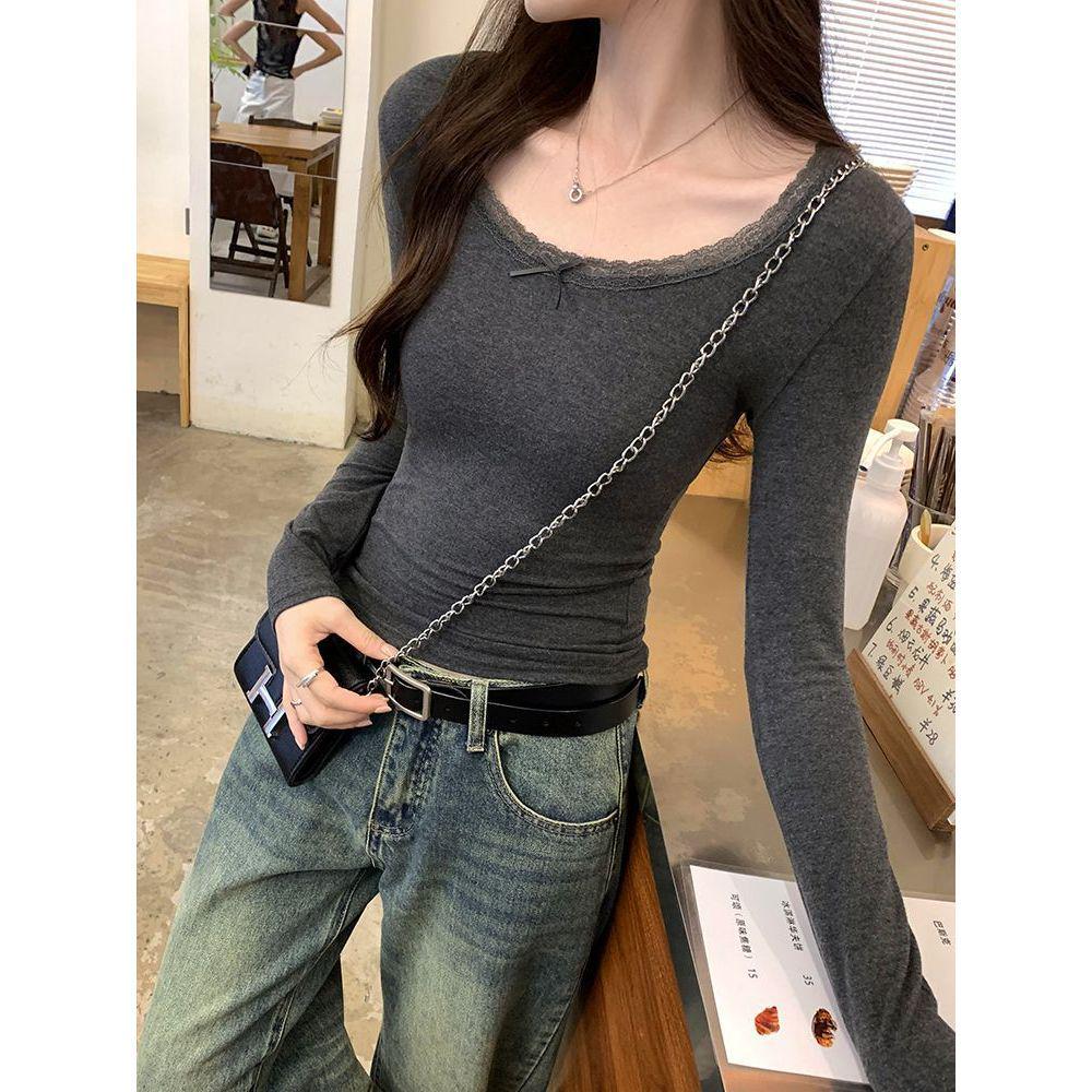 French Chic Lace Long Sleeve T-Shirt: Sweet, Cool, Spicy Collarbone Style, and Waist-Showing Korean Women's Autumn/Winter Top