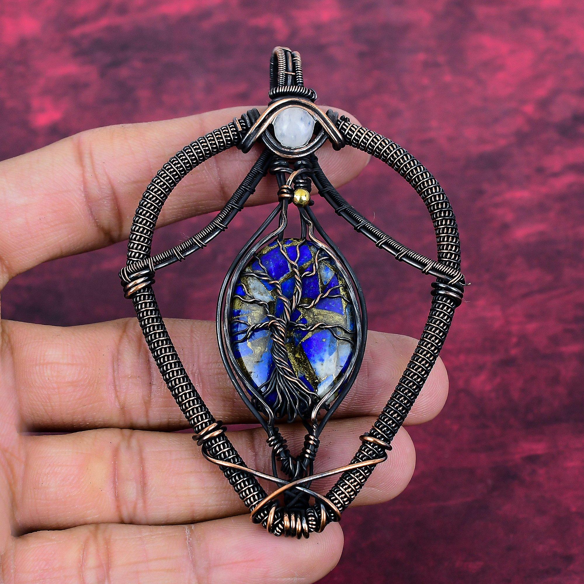 Tree Of Life Copper Sodalite Pendant Copper Wire Wrapped Pendant Rainbow Moonstone Jewelry