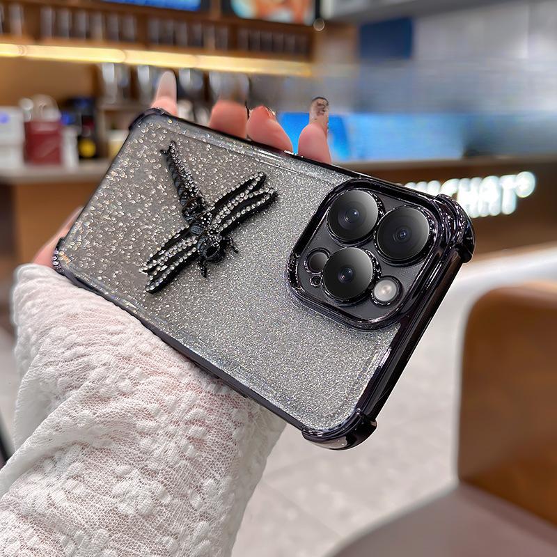 Applicable To Apple 16 Mobile Phone Case Gradient Glitter Dragonfly Bracket IPhone 15 Four Corner Electroplating Anti-fall Cover 14