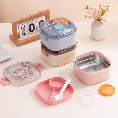Portable Kids Lunch Box Stainless Steel Bento Box With Tableware Cartoon Food Storage Outdoor Picnic Fruit Salad Box