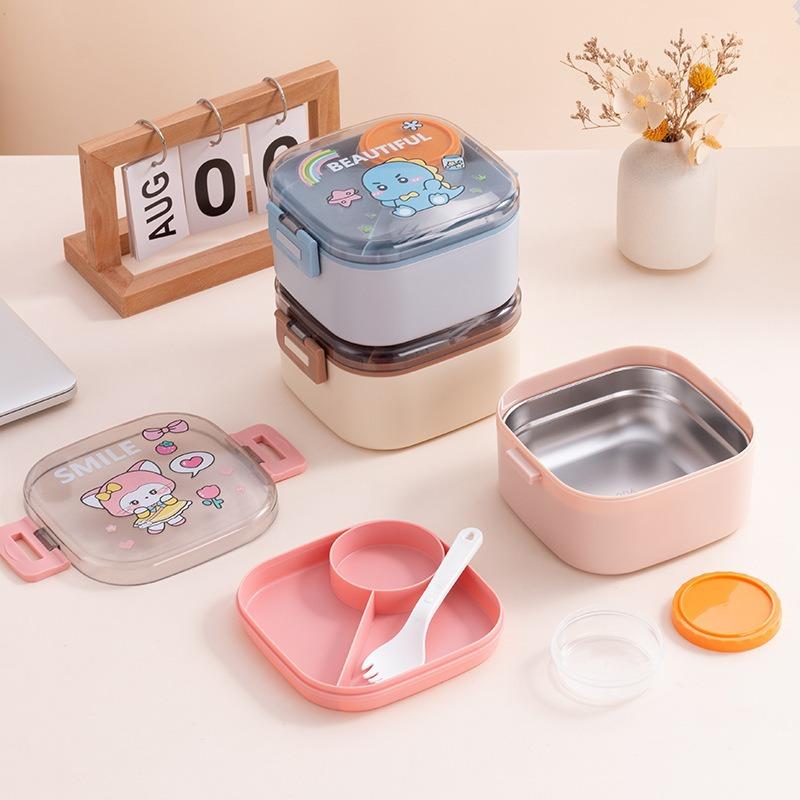 Tragbare Kinder Lunchbox Edelstahl Bento Box Mit Geschirr Cartoon Lebensmittelaufbewahrung Picknick im Freien Obstsalat Box
