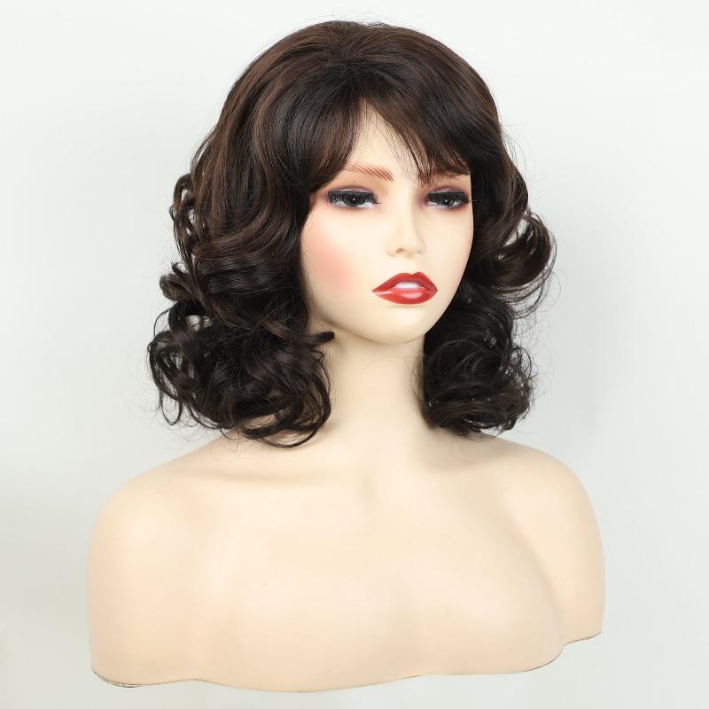 Synthetic Elegant Short Curly Wave Hair Brown Bob Wig Side Parting Wig for Women Natural Fluffy Daily Cosplay Party Use