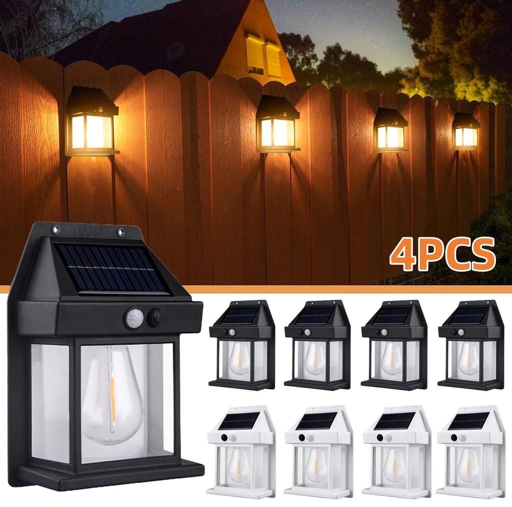 4 STUKS Solar Wandlamp Wolfraam Waterdicht Draadloos Bewegingssensor Beveiligingslampen Schemer tot Dageraad Buitenverlichting voor Patio Veranda Garage