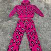 Dámský dvoudílný set ve street stylu: Růžová Mikina s Kapucí s Leopardím Vzorem Rovné Tepláky Podzimní Ležérní Outfit