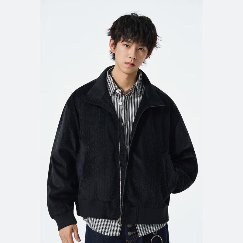 FengXun Men's Stand Collar Jacquard Corduroy Jacket