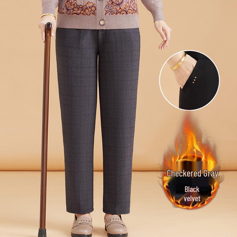 Mom's Plus Velvet Warm Cotton Pants for Middle-Aged and Elderly Women - Large Size, Loose-Fit, Suitable for Spring, Autumn, and Winter.