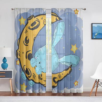 Carino Coniglietto Cartone Animato sulla Luna Stelle Coniglio Tende in Garza per Soggiorno Cucina Camera da Letto Bambini Tenda in Garza Trasparente Decorazione