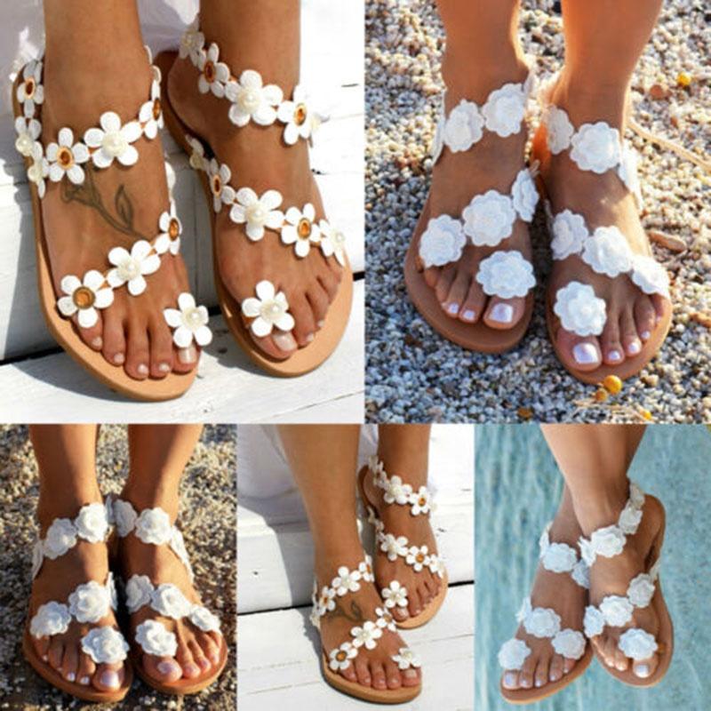 Elegant Women Summer Bohemia Flower Beach Sandals Flat Shoes Slippers Flip Flops