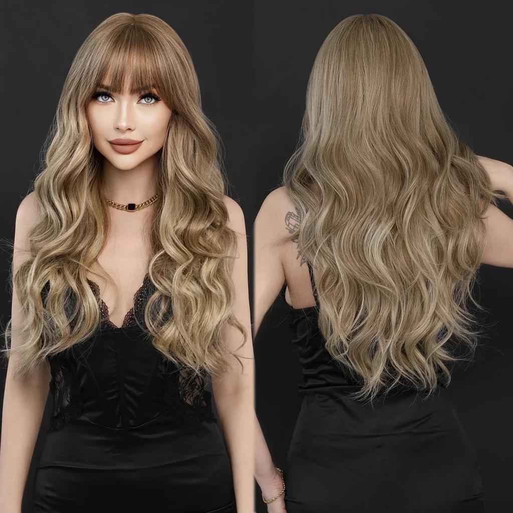 Professional  Loose Long Body Wavy Orange Wig for Women Daily Use Fashion Synthetic LightOrange Curly Hair Wigs with Bangs High Density 28Inch