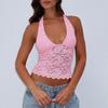 Women's Halter V Neck Sleeveless Crop Top Slim Fit Streetwear Floral Lace Hollow Out Camisole Sexy Y2K Layering Tank