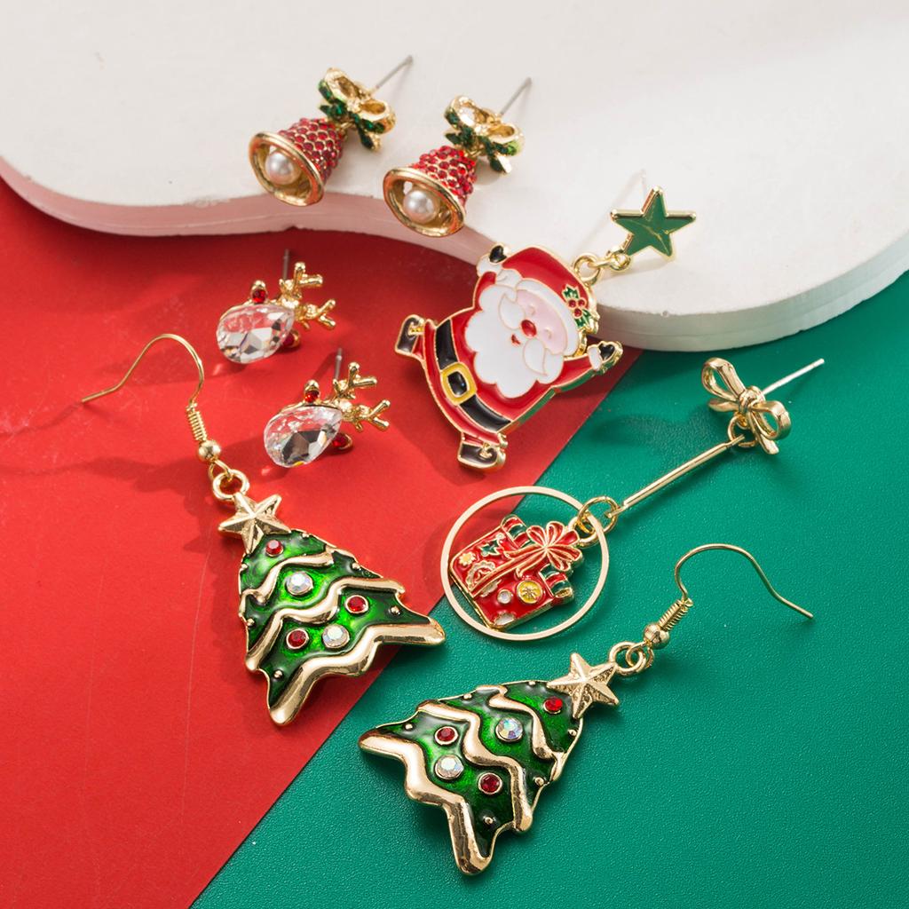 Christmas Series Alloy Oil Drop Inlaid Diamond Reindeer Bell Santa Claus Christmas Tree Earrings Versatile Earrings Ear Jewelry