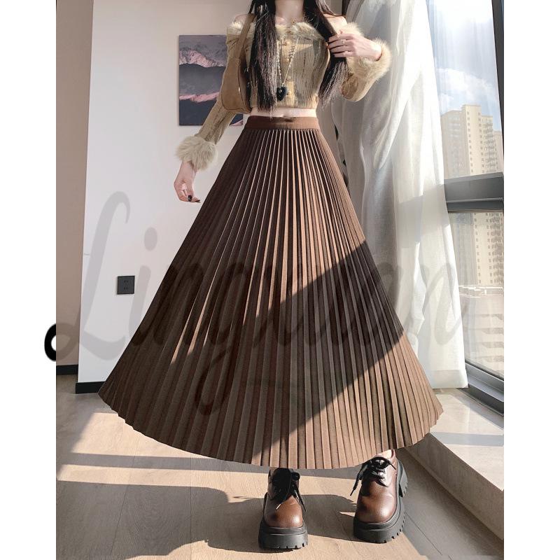 2026 Autumn/Winter Plus Size High Waist Solid Pleated Midi Skirt - Slimming, Versatile A-Line Design XL Plus