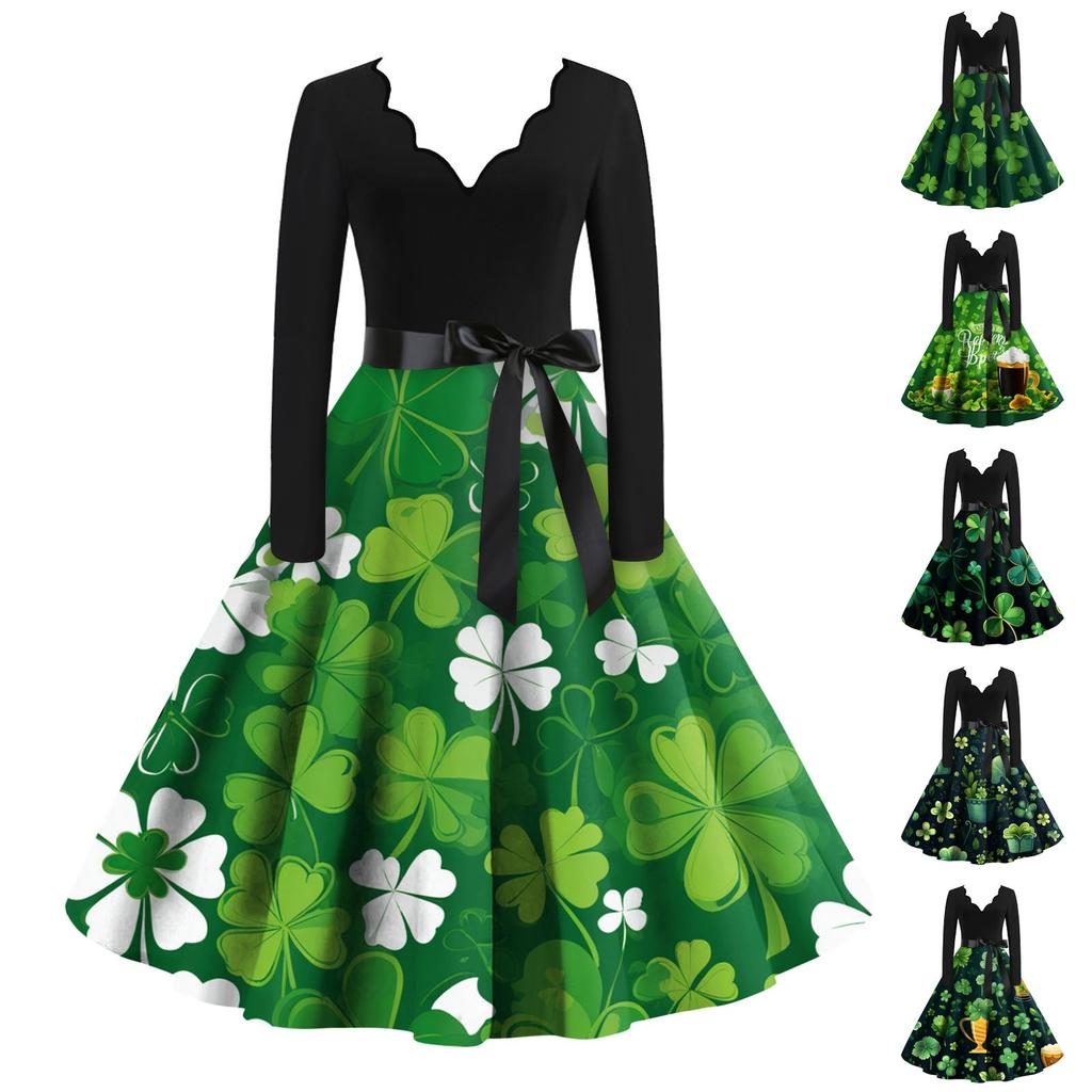 Women's Casual Fashion V-Neck Long Sleeve Printed Vintage Dresses