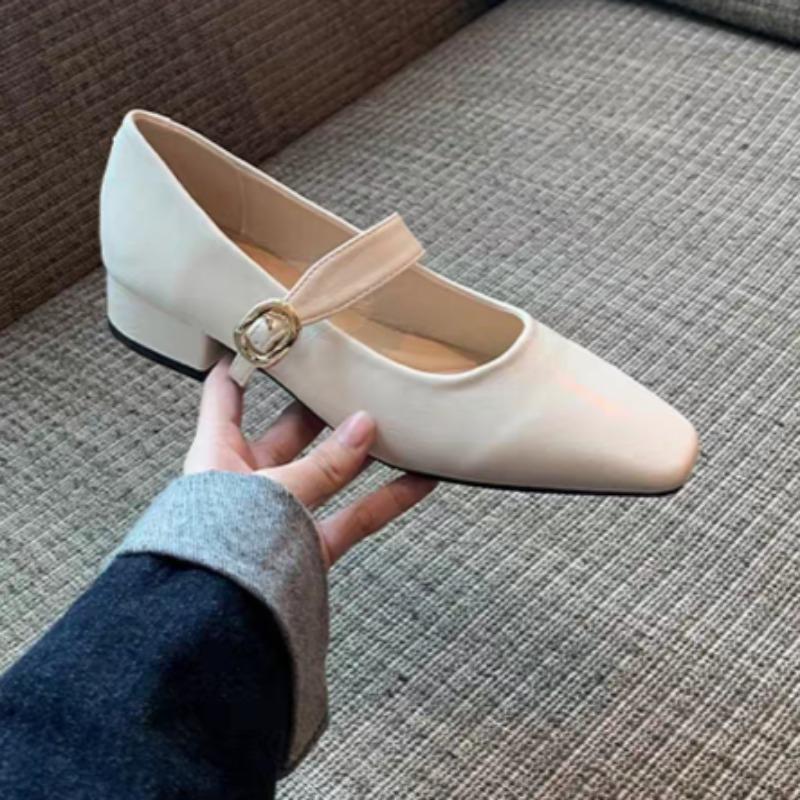 Fashion Women's Low Heel Shoes Spring New Square Head Shallow Mouth Metal Buckle Soft Sole Anti-slip Wear-resistant Low Top Shoes