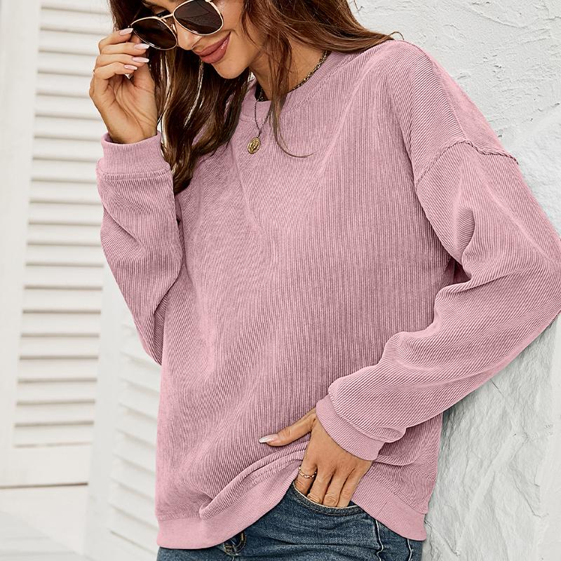 Women's Corduroy Sweatshirt Casual Round Neck Pullover Long Sleeve Top