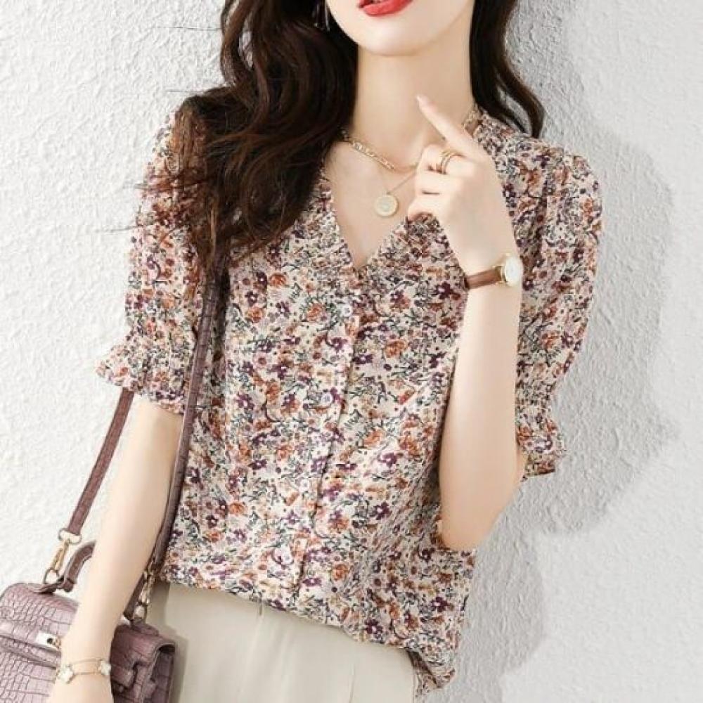 Rellawear Women S Floral Chiffon Short Sleeve Shirt 250710 Tm65